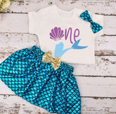First Birthday One Romper - Mermaid Theme , Blue.